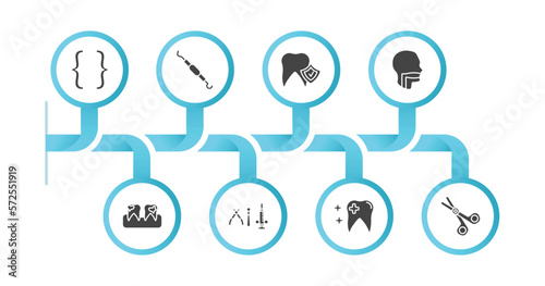 editable filled icons with infographic template. infographic for dentist concept. included brackets, periodontal scaler, prophylaxis, oral, dental plaque, dental hook, healthy tooth, dentist