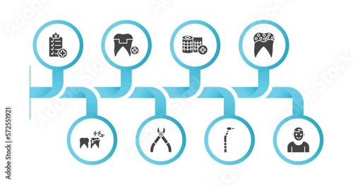 editable filled icons with infographic template. infographic for dentist concept. included health report, molar crown, gauze, holed tooth, toothache, tooth pliers, filler, healthy boy icons.