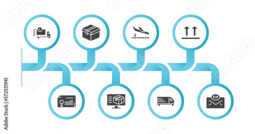 editable filled icons with infographic template. infographic for delivery and logistic concept. included delivery day, delivery box, arrival, side up, waybill, monitor, cargo bus, zip code icons.