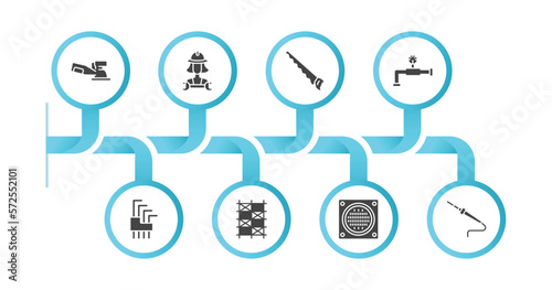 editable filled icons with infographic template. infographic for construction and tools concept. included sanding hine, mechanic working, handsaw, relief valve, allen keys, scaffolding, drain,