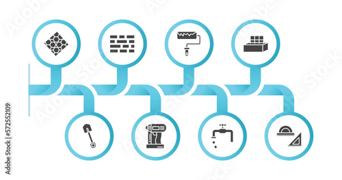 editable filled icons with infographic template. infographic for construction concept. included paving, birck wall, roller and paint, concrete, short shovel, nail gun, stopcock, angle ruler icons.