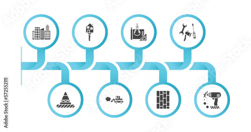 editable filled icons with infographic template. infographic for construction concept. included , home key, construction plan, three tools, road stopper, little snowplow, paver, electric drill