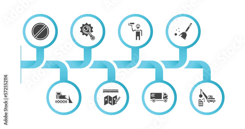 editable filled icons with infographic template. infographic for construction concept. included stopping, wrench and gear, man painting, sweeping broom, bulldozer, measures plan, truck with freight,