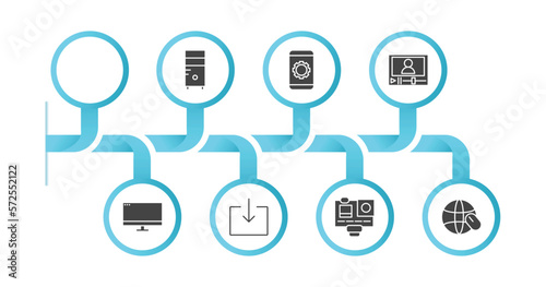 editable filled icons with infographic template. infographic for computer concept. included information network, pc tower, tablet data tings, video lecture, computer monitor, download from the net,