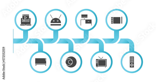editable filled icons with infographic template. infographic for computer concept. included computer video, robotic, workstation, tablet tool, tv screen, circular de, televisions, tv remote icons.