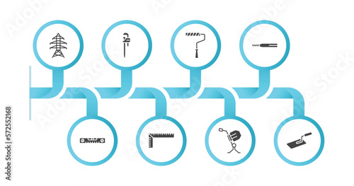 editable filled icons with infographic template. infographic for construction tools concept. included electric tower, stillson wrench, painter roller, drawing, plumb rule tool, school ruler, cement
