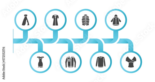 editable filled icons with infographic template. infographic for clothes concept. included long bandeau dress, lyocell shirt dress, padded vest, nylon jacket, off the shoulder dress, denim jacket,