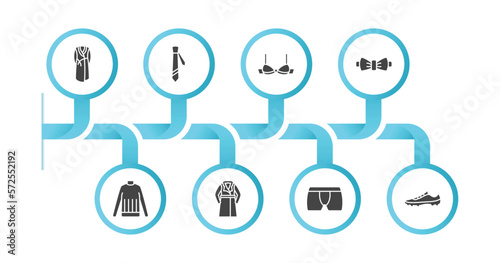 editable filled icons with infographic template. infographic for clothes concept. included dressing gown, cravat, bra, butterfly tie, turtleneck, trench coat, underpants, soccer shoe icons.