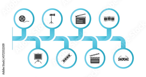 editable filled icons with infographic template. infographic for cinema concept. included film roll side view, movie light, slapstick open, image fotogram, fabric for movies, film strip black, movie