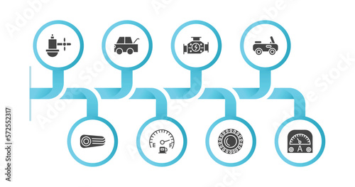 editable filled icons with infographic template. infographic for car parts concept. included car sump, car taiate, carburettor, soft top, reversing light, petrol gauge, bearing, ammeter icons.