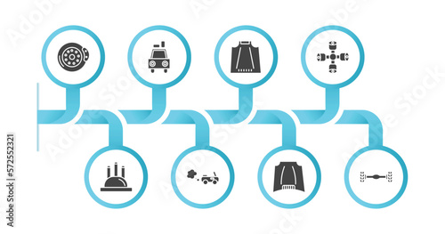 editable filled icons with infographic template. infographic for car parts concept. included car brake, car luggage rack, bonnet, wheel brace, distributor cap, tailpipe, hood, axle icons.