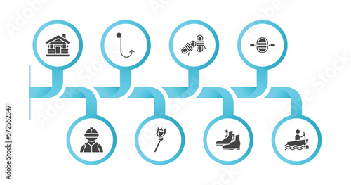 editable filled icons with infographic template. infographic for camping concept. included lodge, hook, rope, raft, jockey, matches, boot, rafting icons.
