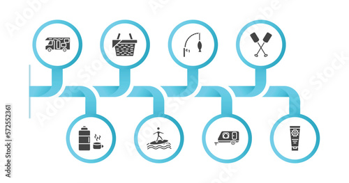 editable filled icons with infographic template. infographic for camping concept. included camper van, picnic, fishing rod, oar, thermos, surfing, camper, sun lotion icons.