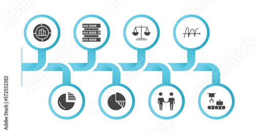 editable filled icons with infographic template. infographic for business and analytics concept. included value chart, database interconnected, legal, wave chart, graph pie, data analysis pie chart,