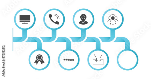 editable filled icons with infographic template. infographic for blogger and influencer concept. included monitor, work, phone, placeholder, community, label, rating, feed icons.
