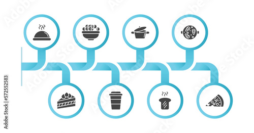 editable filled icons with infographic template. infographic for bistro and restaurant concept. included tray and cover, bowl of olives, bistro pot, paella with parwns, cut cake piece, cardboard