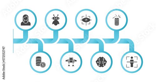 editable filled icons with infographic template. infographic for artificial intellegence concept. included personal assistant, robot assistant, eye tracking, data mining, coins, fyling vehicle,