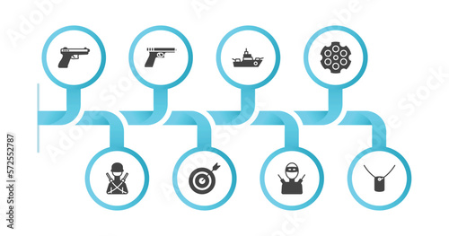 editable filled icons with infographic template. infographic for army and war concept. included , gun, warship, chamber, infantry, target, guerrilla, dog tag icons.