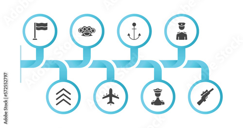 editable filled icons with infographic template. infographic for army and war concept. included patriot, knuckle, naval, lieutenant, chevrons, plane, officer, rifle icons.