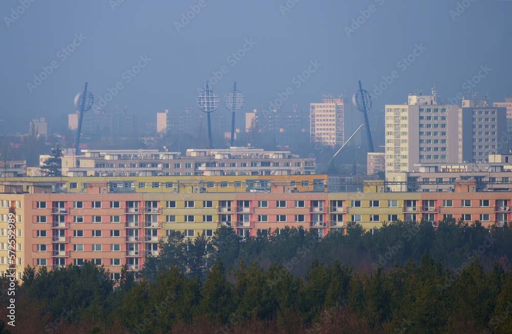 A panoramic view of Hradec Kralové in the fog with the newly erected lighting of the football stadium.
The dominant feature is the circular lights called Lizatka - Lollipops at football stadium. 