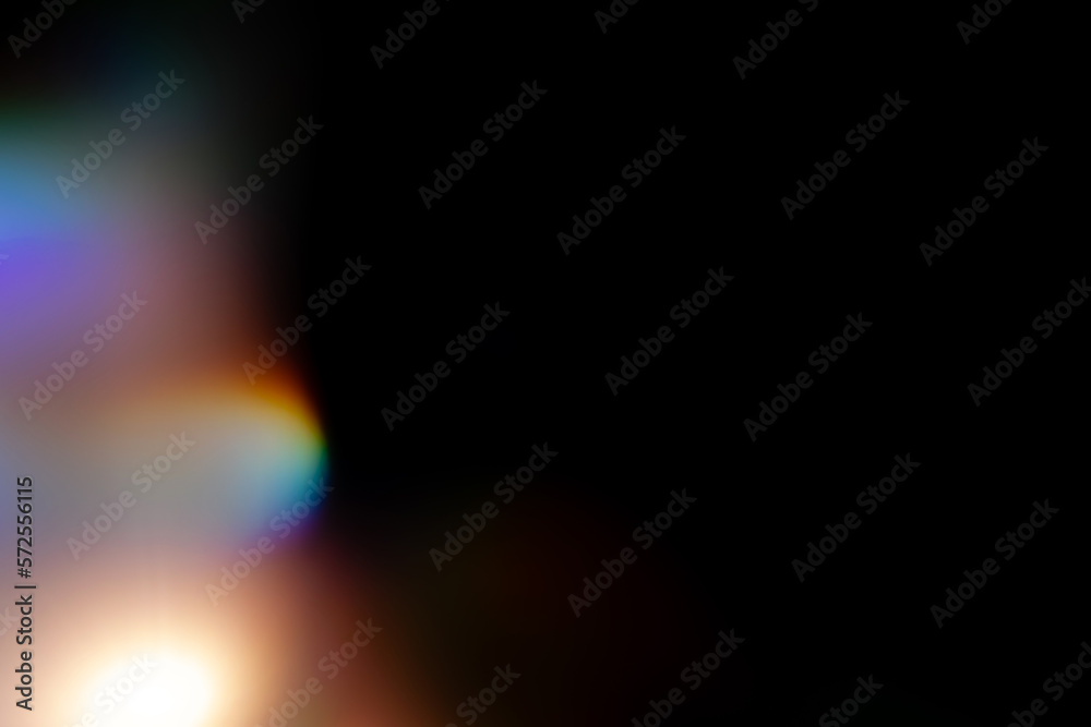 Defocused abstract multicolored retro film lens flare bokeh analog photo overlay or screen filter effect. Blurred colorful rainbow crystal light leaks on black background. Glow Vintage prism colors - obrazy, fototapety, plakaty 