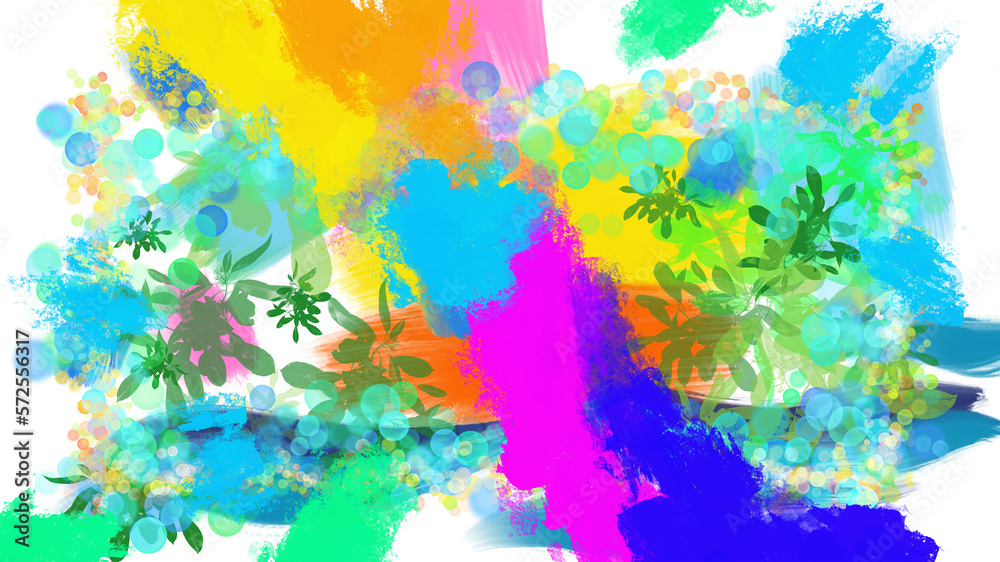 abstract colorful brushstrokes painting background title cover frame palm leaves - PNG image with transparent background