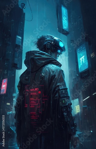 Portrait of a young cyberman with short black hair in futuristic color metal virtual reality glasses, blue wires. Cyberspace Augmented Reality, futuristic vision. 3d Generative AI