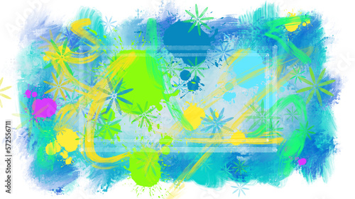 Fototapeta Naklejka Na Ścianę i Meble -  abstract colorful brushstrokes painting background title cover frame vivid greens - PNG image with transparent background