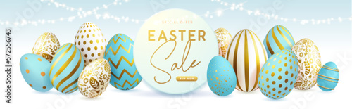 Happy Easter typography big sale poster with blue easter eggs and string of lights. Greeting card or poster. Vector illustration