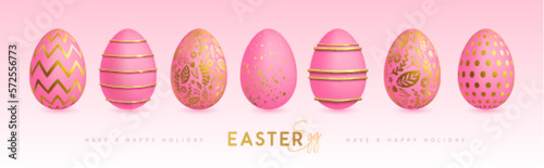 Set of pink easter eggs with golden elements.  Happy Easter holiday background. Greeting card or poster. Vector illustration