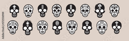 Sugar skulls Set Vector Illustration. Dia de los Muertos. Logo. Icon. Pictogram. Sugar skull. Tattoo. Deaths head.