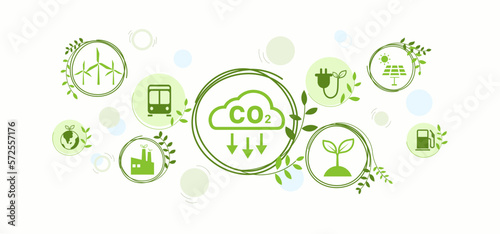 Reduce carbon dioxide emissions to limit global warming and climate change. Lower CO2 levels with sustainable development as renewable energy and electric vehicles - green city vector	
 photo