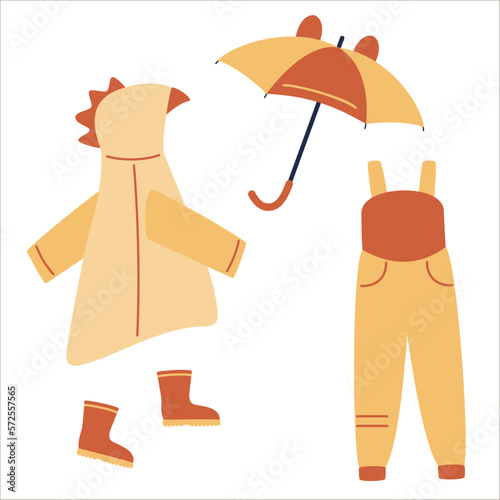 A set of children's clothing - a raincoat, an umbrella, rubber boots, a kombenizon. Vector illustration of stylized things in cartoon style. Isolated on a white background.