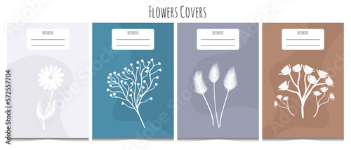 Set of 4 notebook cover templates in trendy minimal style. White flower and plant in flat style. Abstract color waves. Isolated on white background.