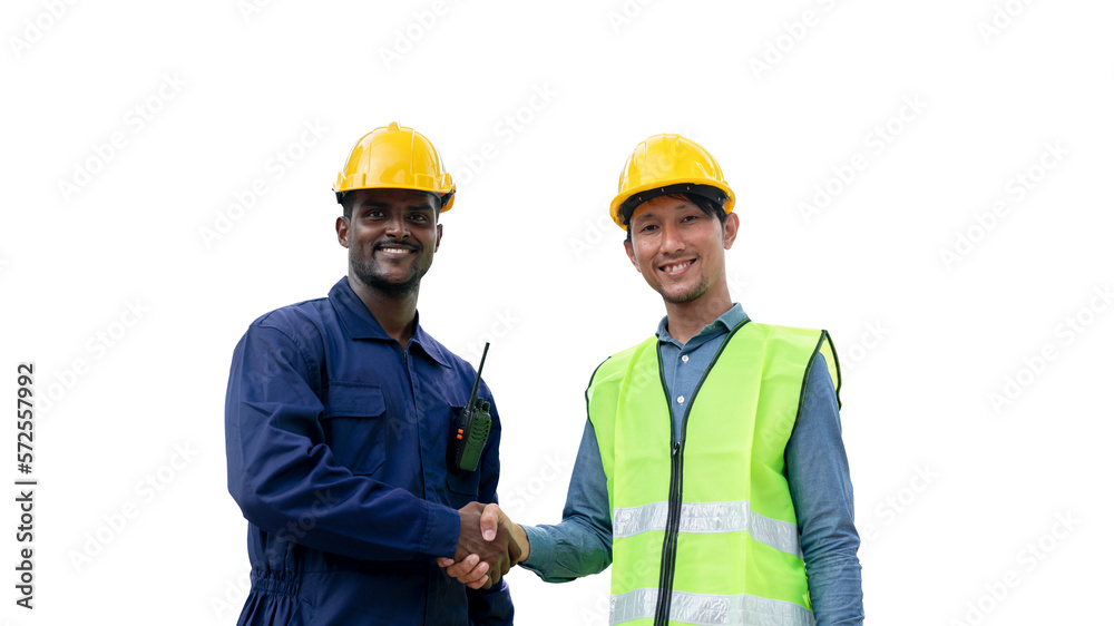 African American Technician, Asian Engineer doing handshake together on white background. Group of Multi-Ethnic Blue-collar worker. Teamwork of Architect review plans at construction site. African American Technician, Asian Engineer doing handshake together on white background. Group of Multi-Ethnic Blue-collar worker. Teamwork of Architect review plans at construction site.