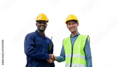 African American Technician, Asian Engineer doing handshake together on white background. Group of Multi-Ethnic Blue-collar worker. Teamwork of Architect review plans at construction site.