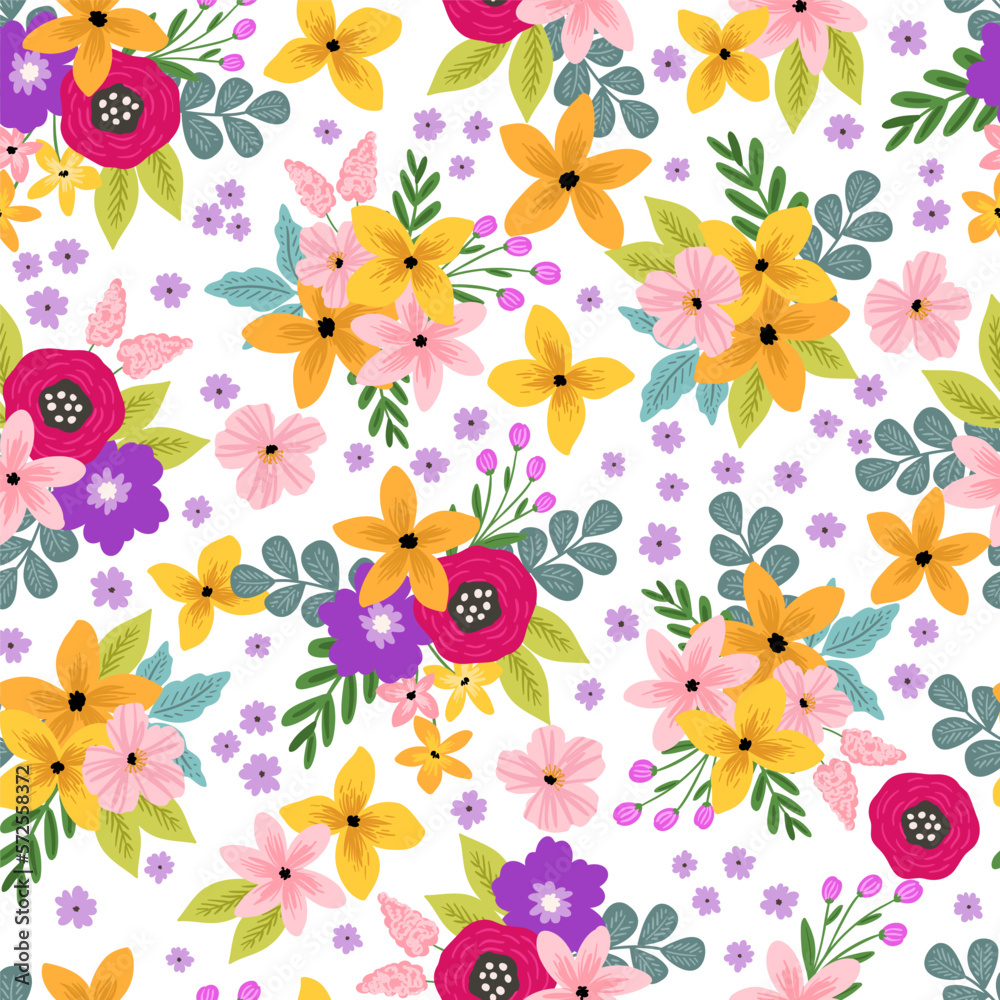 Vivid flowers seamless pattern, digital paper repeating background, meadow vibrant flowers. Fabric, wallpaper, wrapping paper, stationery seamless vector pattern