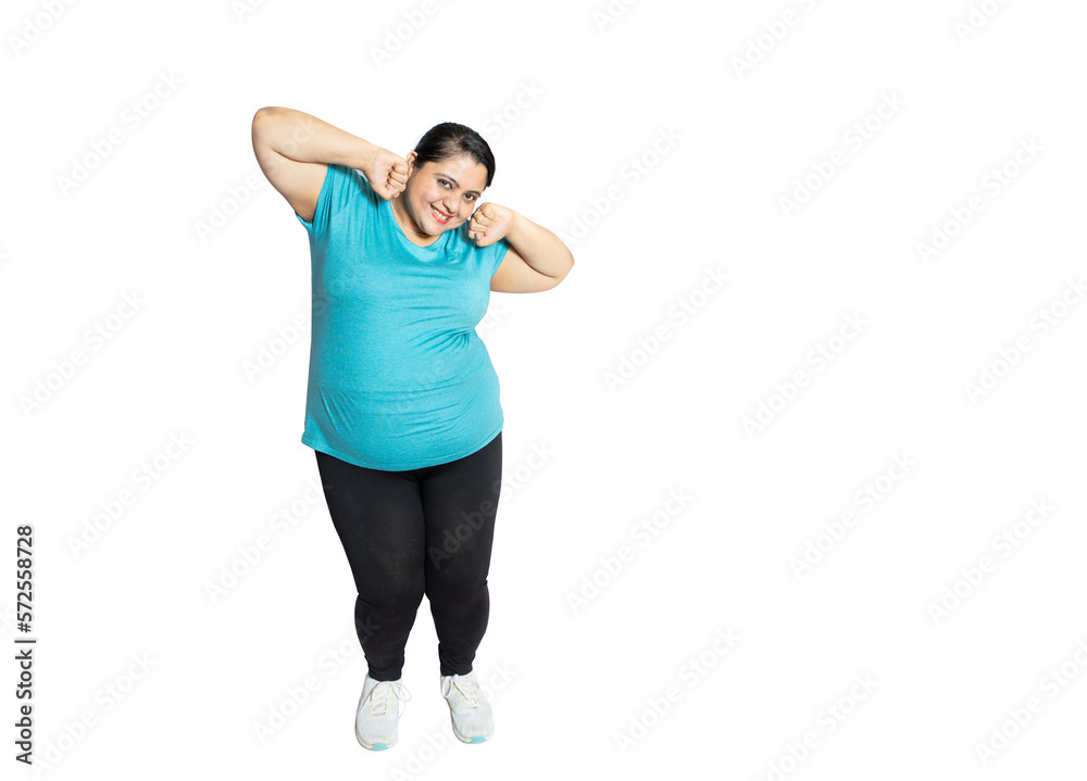 Cheerful overweight indian woman standing isolated over white studio background. Happy plus size asian female model, Copy space. Full length. Cheerful overweight indian woman standing isolated over white studio background. Happy plus size asian female model, Copy space. Full length.