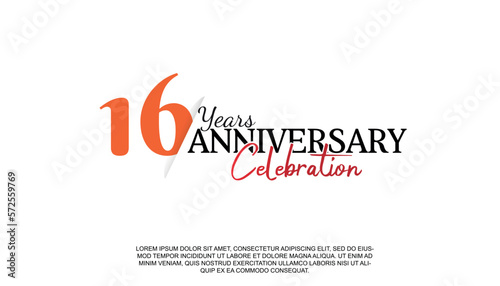 Vector 16 years anniversary logotype number with red and black color for celebration event isolated.