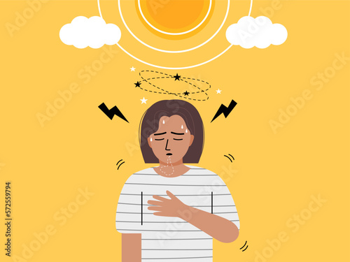 A woman standing under sun light on hot weather and having headache, breathless, dizzy and chest pain. sunstroke concept. flat vector illustration.