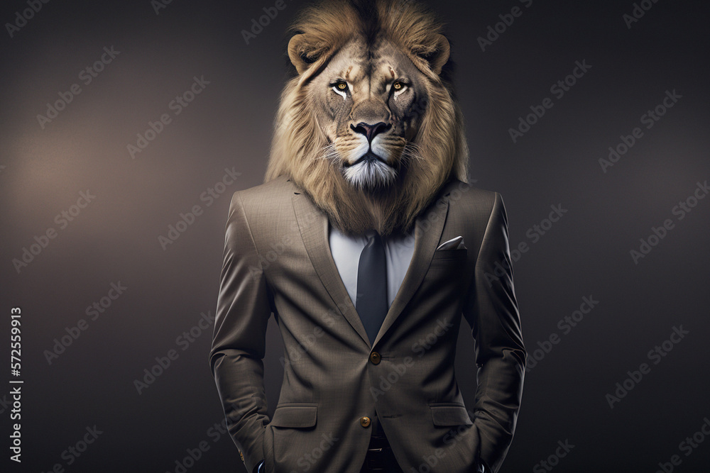 Lion in a business suit on a dark background.Photorealistic image created by AI