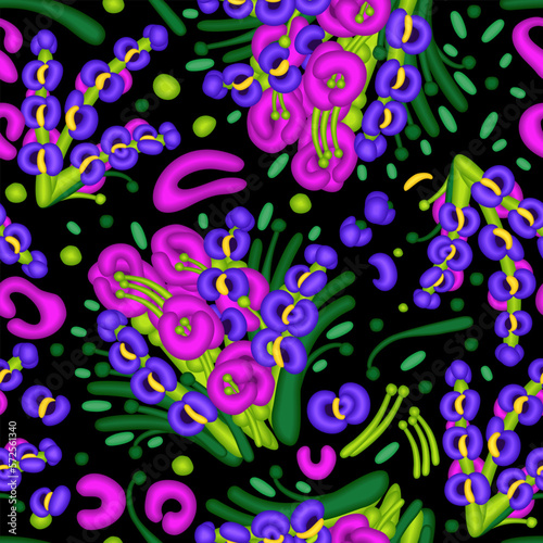 Vector seamless pattern with with voluminous bright vivid floral shapes on black background. 3D effect of floral elements.