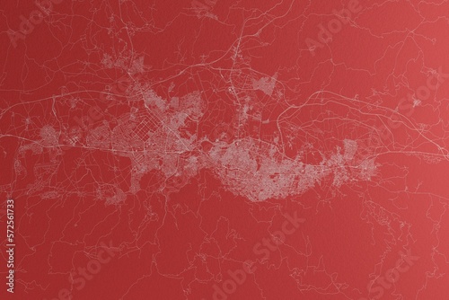 Map of the streets of Bursa (Turkey) made with white lines on red paper. Top view, rough background. 3d render, illustration