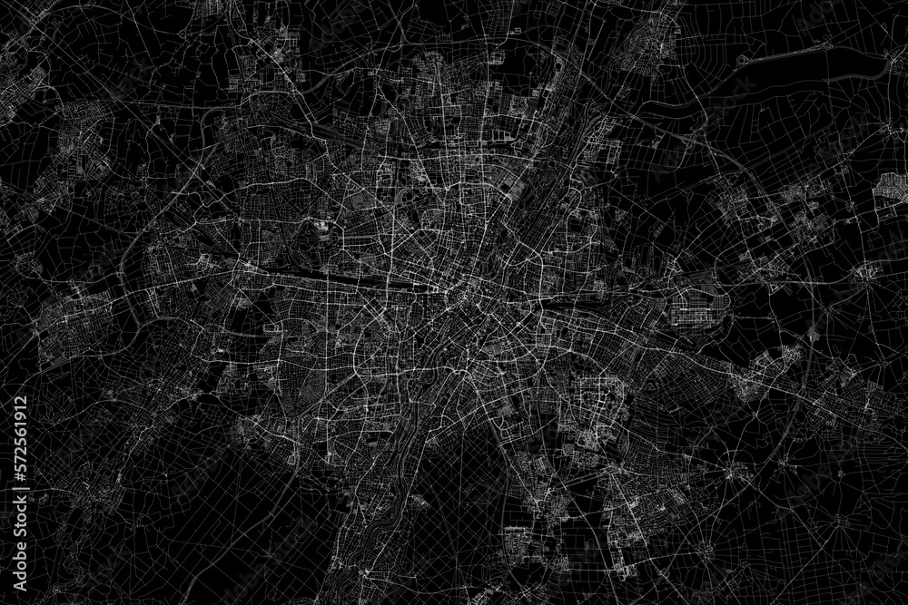 Fototapeta premium Stylized map of the streets of Munich (Germany) made with white lines on black background. Top view. 3d render, illustration