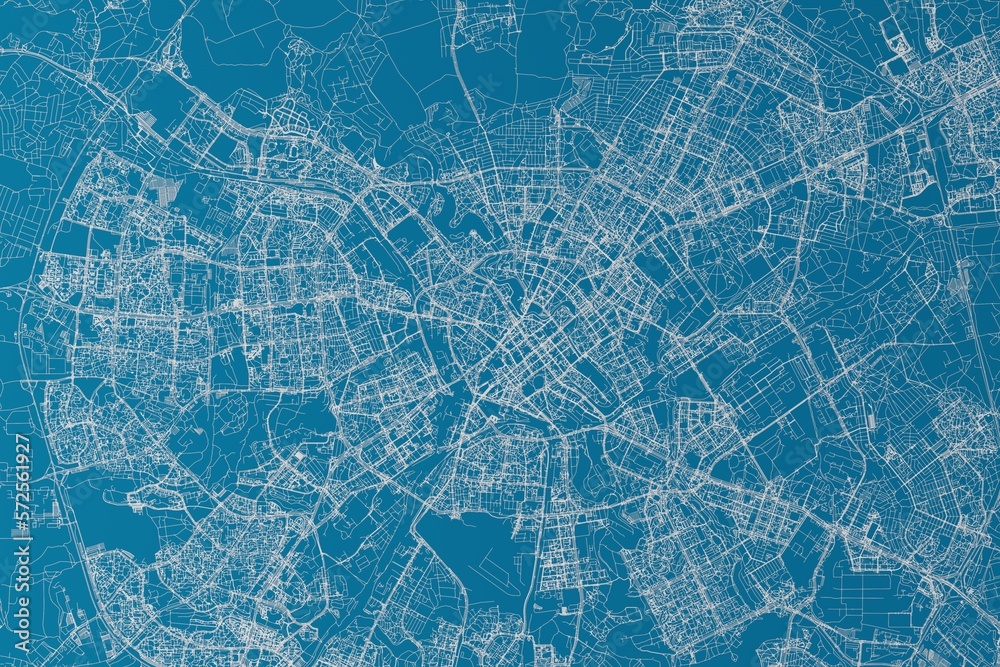 Map of the streets of Minsk (Belarus) made with white lines on blue background. 3d render, illustration