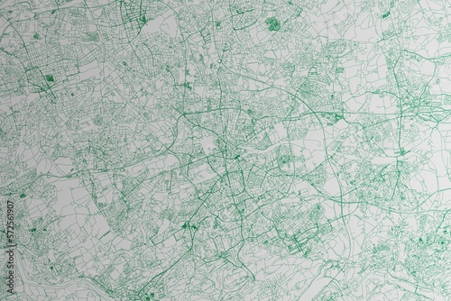 Map of the streets of Bochum (Germany) made with green lines on white paper. 3d render, illustration