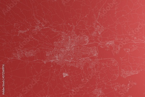 Map of the streets of Cork (Ireland) made with white lines on red paper. Top view, rough background. 3d render, illustration