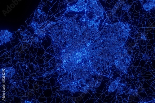 Street map of Bristol (UK) made with blue illumination and glow effect. Top view on roads network