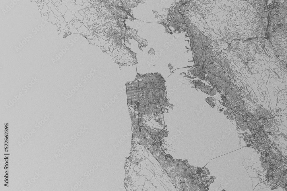 Map of the streets of San Francisco (California, USA) made with black lines on grey paper. Top view. 3d render, illustration
