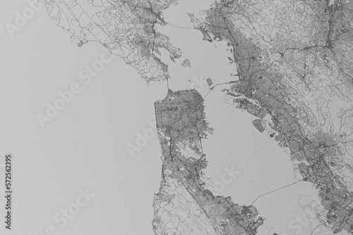 Canvas Print Map of the streets of San Francisco (California, USA) made with black lines on grey paper